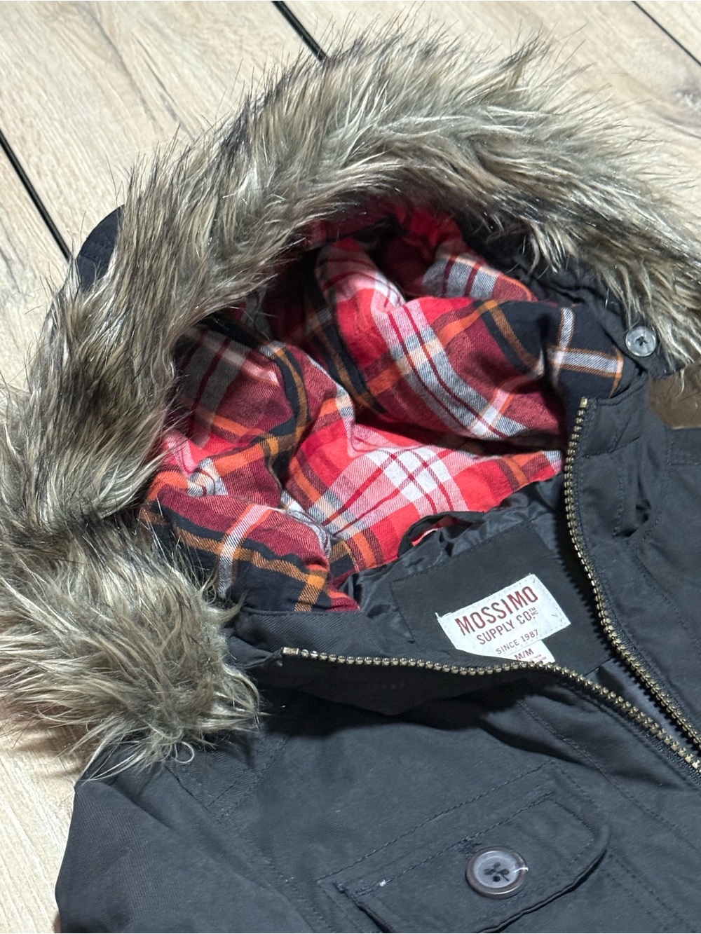 Mossimo Supply Co Black Faux Fur Hood Plaid Lined Utility Bomber Jacket Medium - Picture 13 of 14